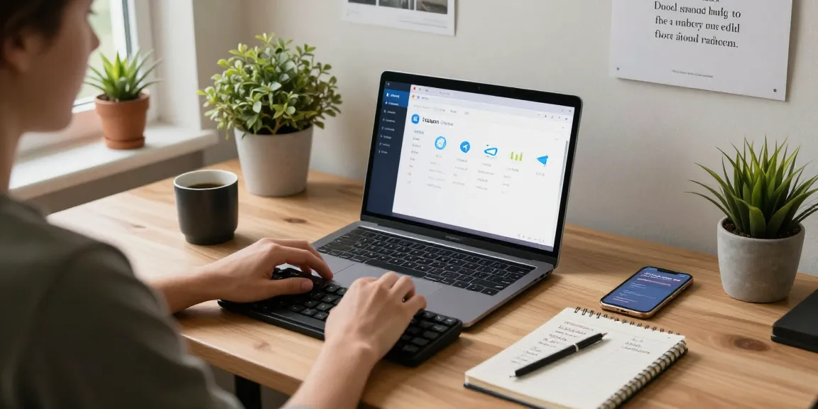 Person setting up Telegram Chinese Version on laptop in cozy home office.