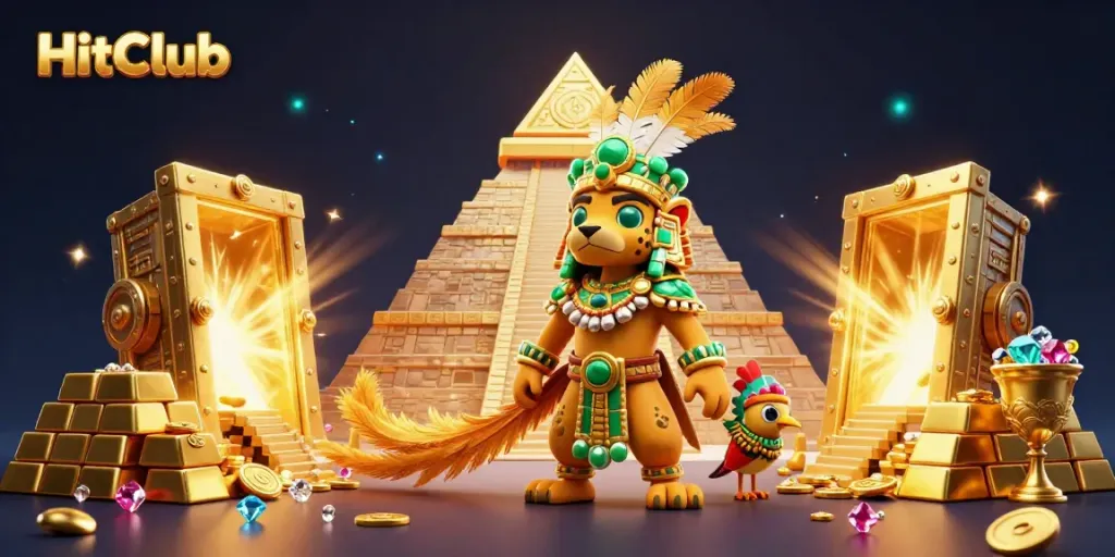 Experience the excitement of HitClub with a vibrant 3D illustration of a Mayan jaguar priest beside treasures.