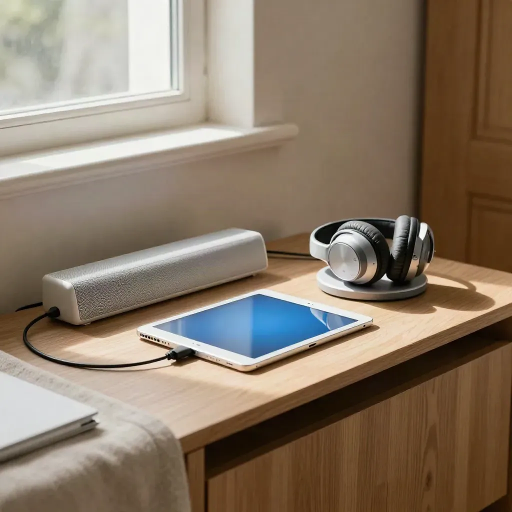 Tablet met headset en speakerbar klaar voor videogesprek in een warme neutrale kamer.