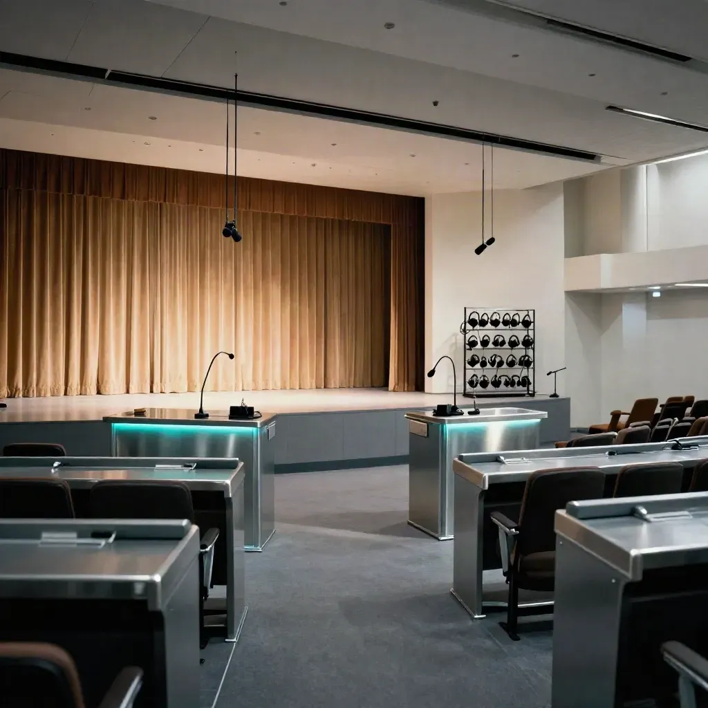 Lege congreszaal met tolkcabines, plafondmicrofoons en warme gordijngloed.