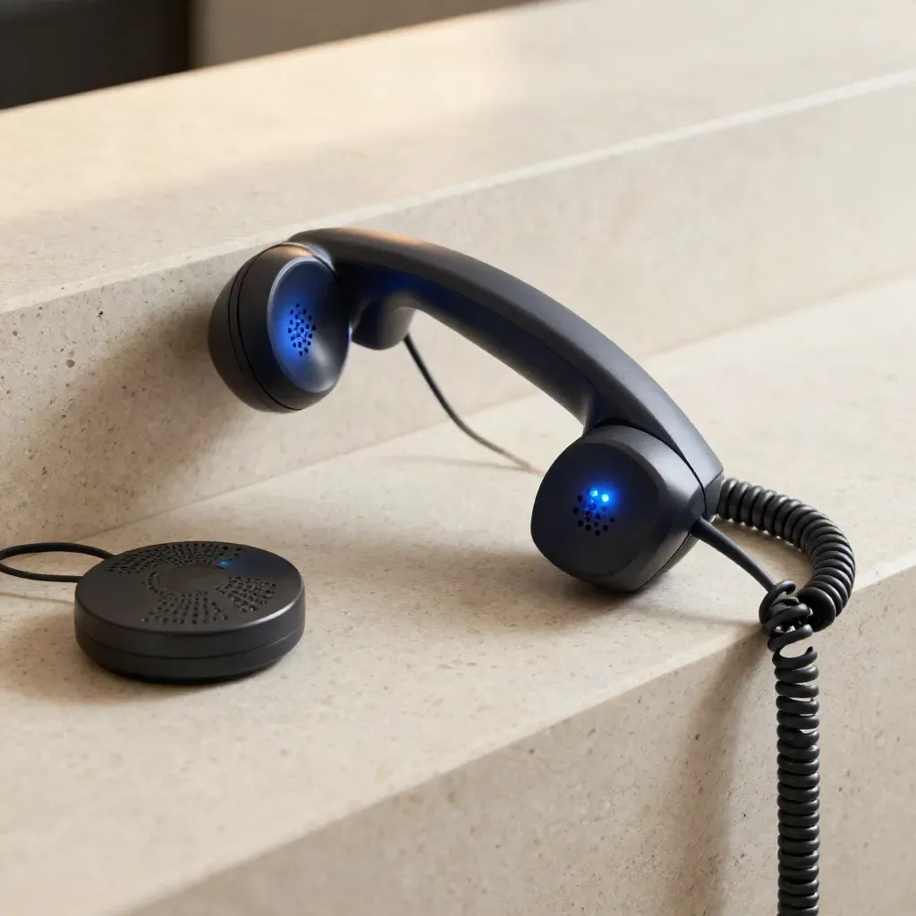 Telefoonhoorn in cradle naast speakerpuck, kabel in beweging, lampje brandt op travertin.