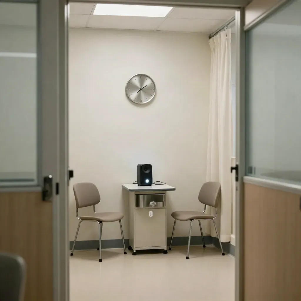Lege ziekenhuisconsultatieruimte met tolkspreker, stoelen, tafel en klok.