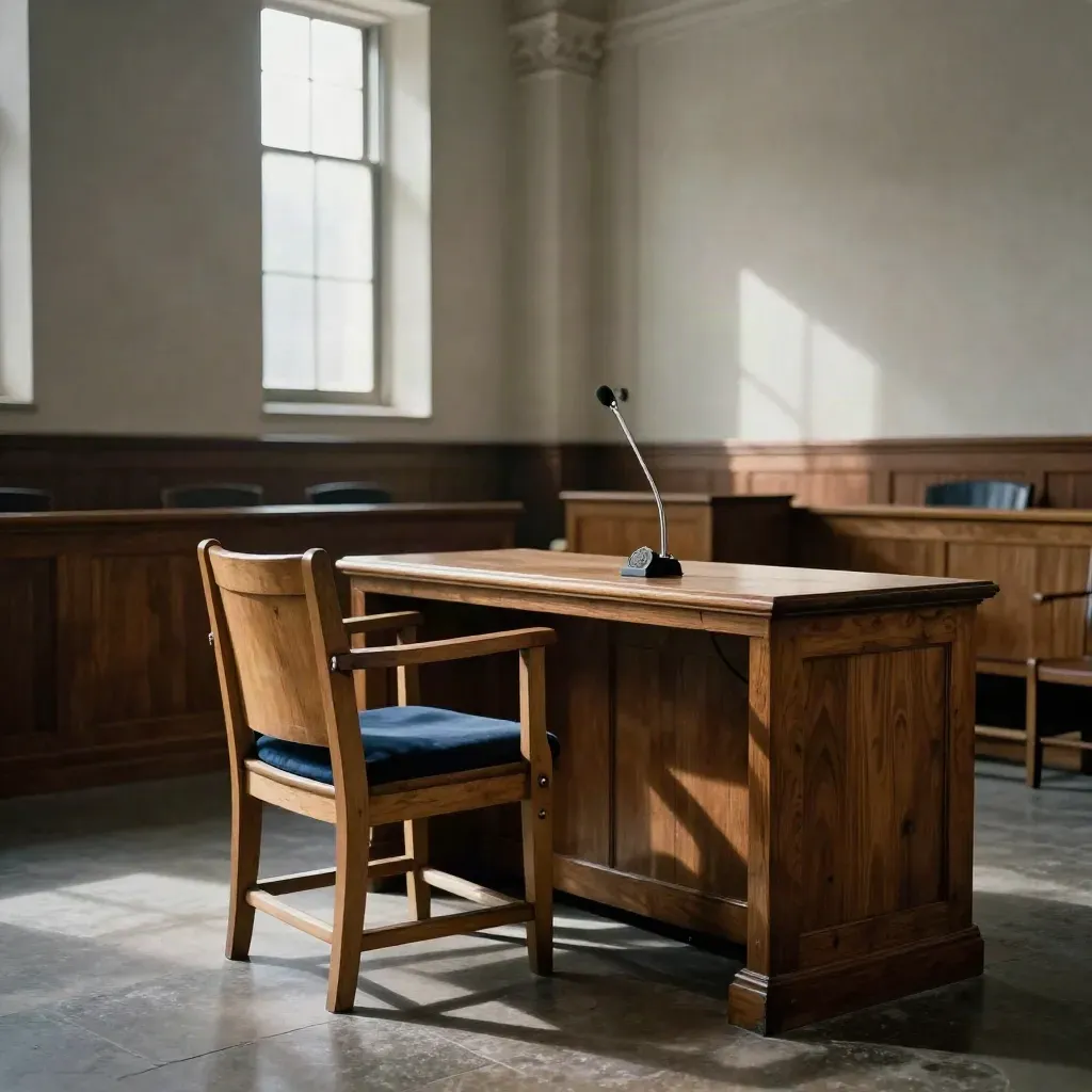 Lege rechtszaal met getuigenstoel, microfoon en zegelstempel in dramatisch licht.