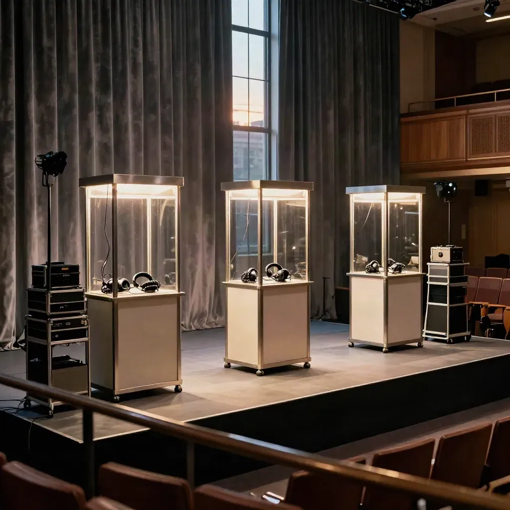 Lege zaal met tolkbooths, receivercases en gangverlichting in warme avondhaze.