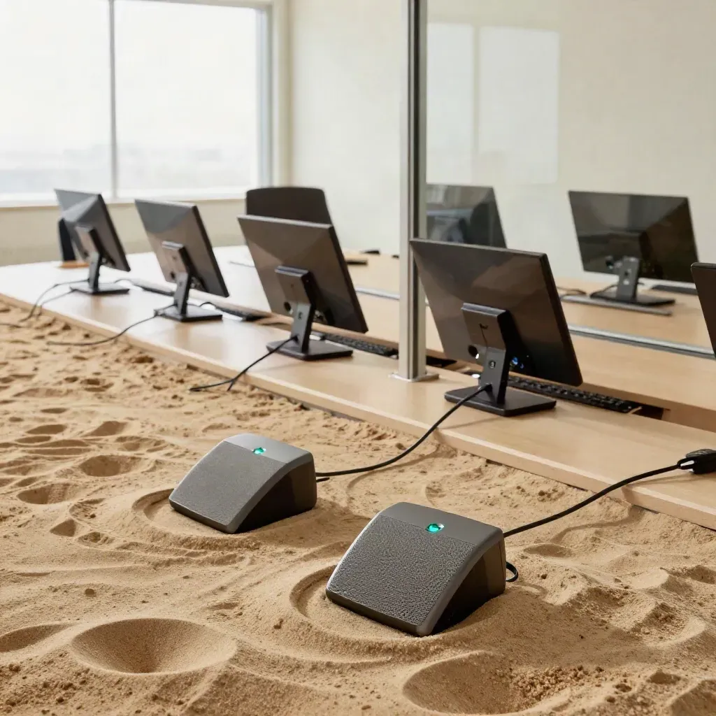 Twee lege vergaderruimtes met speakerphones en donkere schermen, direct na een internationale call.
