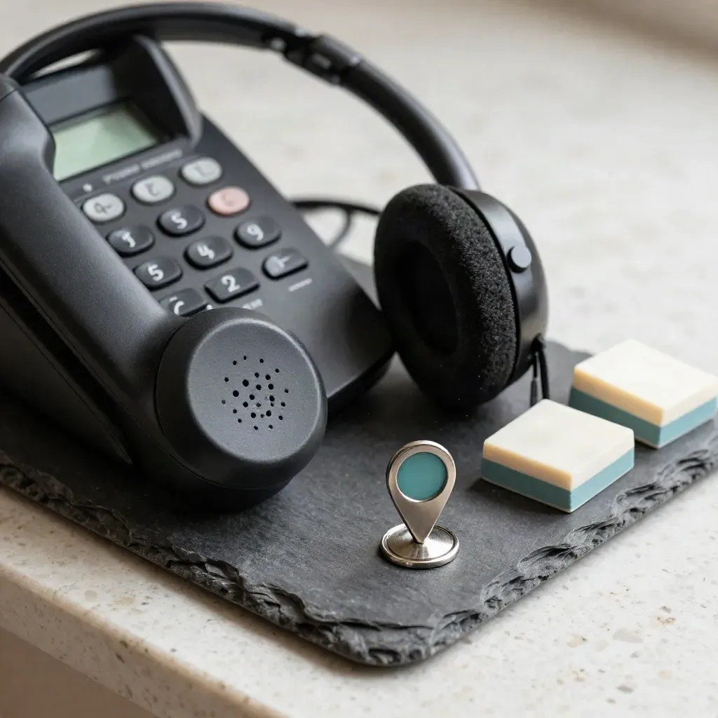 Macro van een dispatchtelefoon, headset, kalenderblokjes en een teal pin op een leistenen schaal.