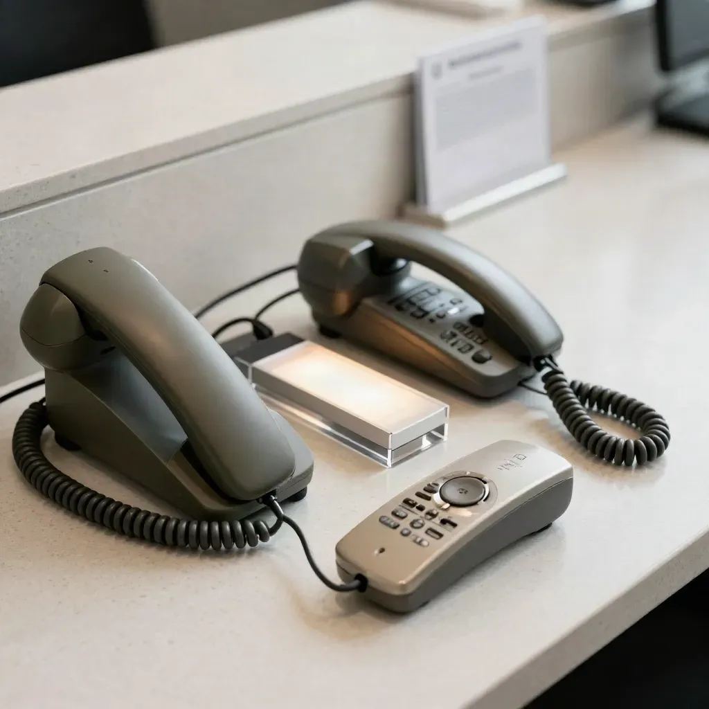 Drie telefoonhandsets met oplaadstation en lichtbalk op een lichte bureau-opstelling.