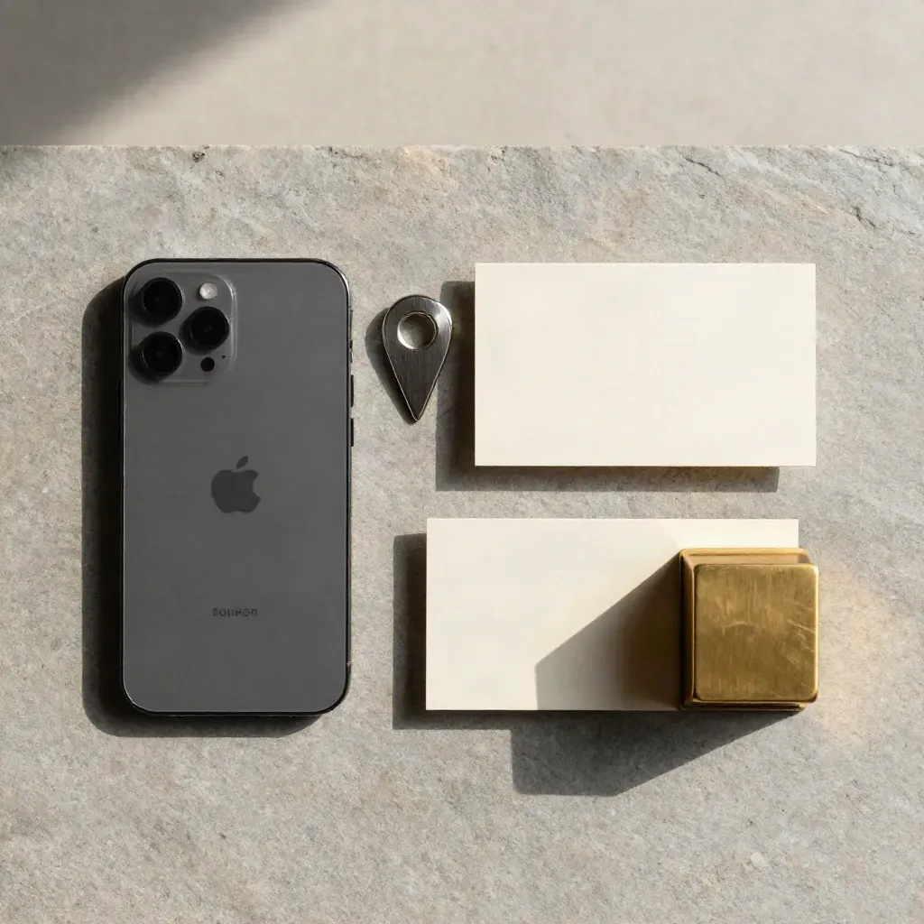 Flatlay van telefoon, locatiepin, kaartstandaard en messing blok op warme grijze steen.