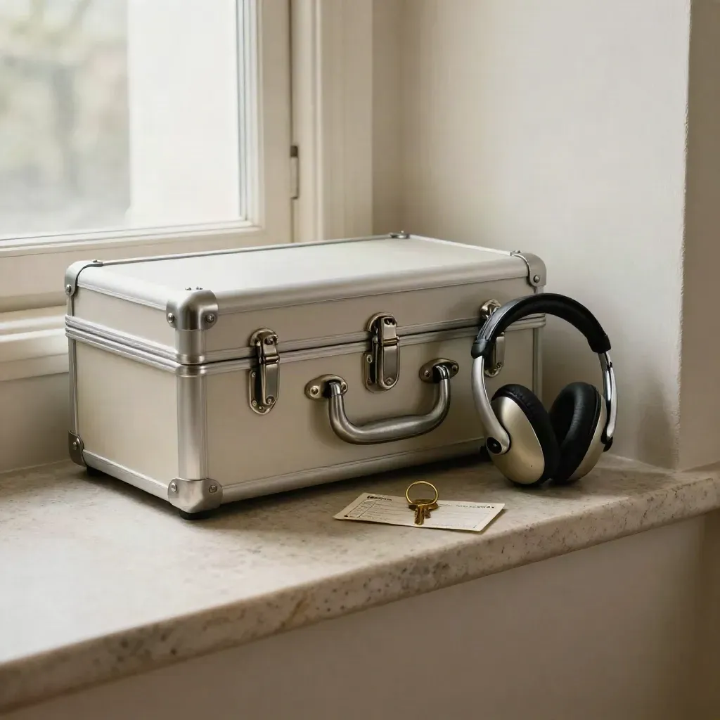 Stille boekingsset met koffer, headsets en sleutelhanger op lichte steen.