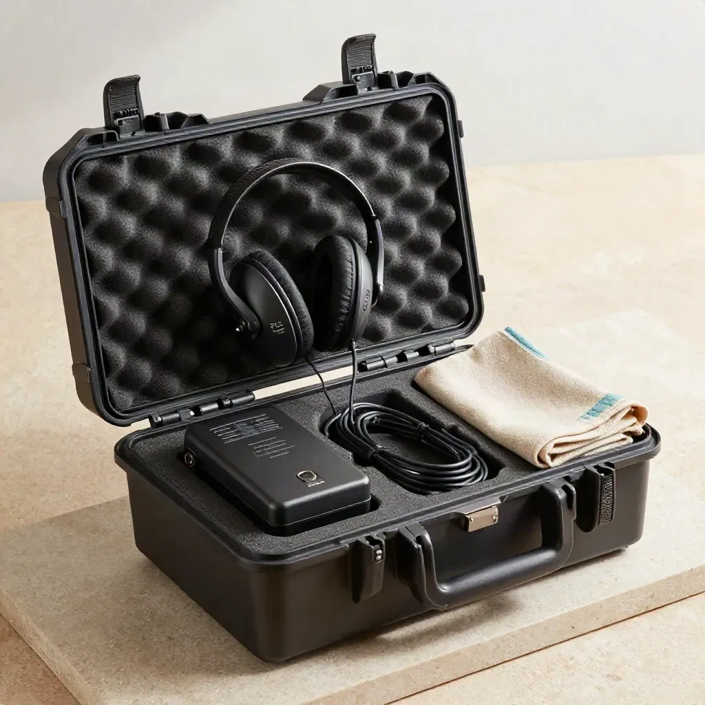 Open koffer met headset, ontvanger, batterij en kabel op een stenen tray