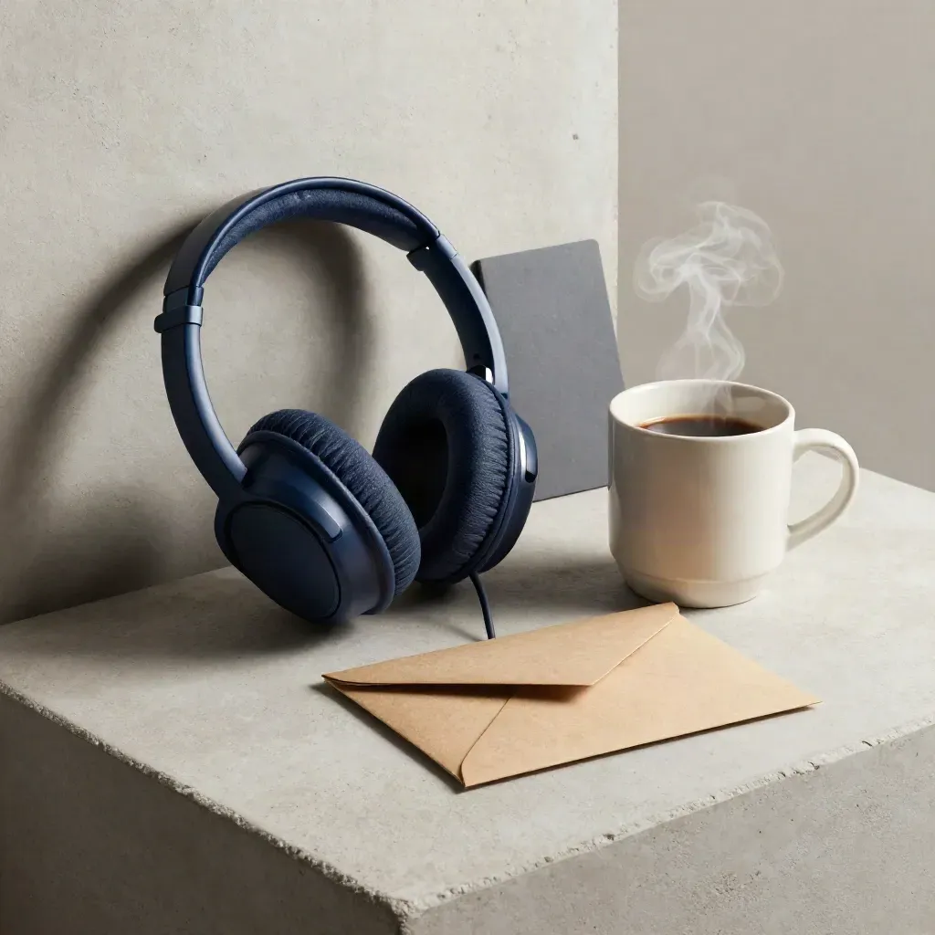 Headset, telefoonhouder, koffie en verzegelde envelop op beton, na een afgerond gesprek.