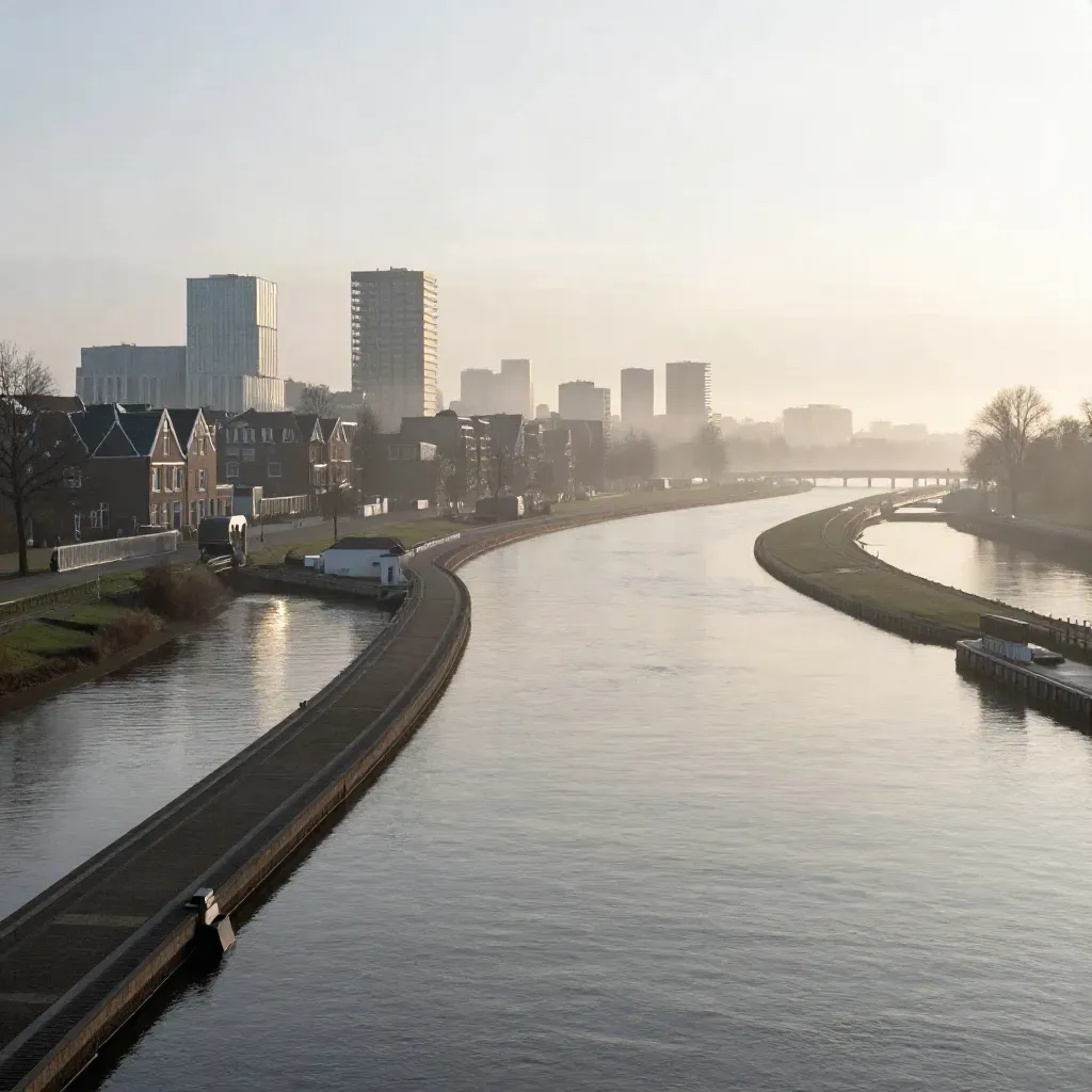 Mistige Randstad bij zonsopkomst met water, kanalen en skyline hoog in beeld.