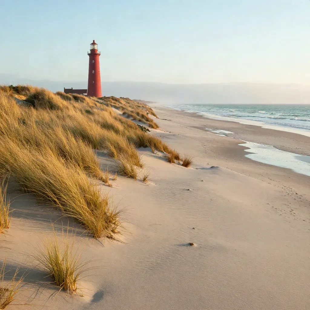 Noord-Hollandse duinen met vuurtoren en terugtrekkende branding in gouden ochtendmist.