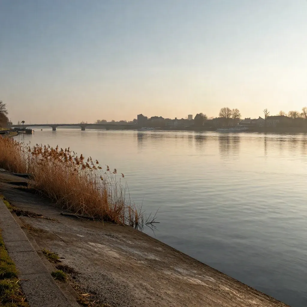 Rustige rivieroever in Zuid-Holland met brede Maas, verre skyline en gouden ochtendmist