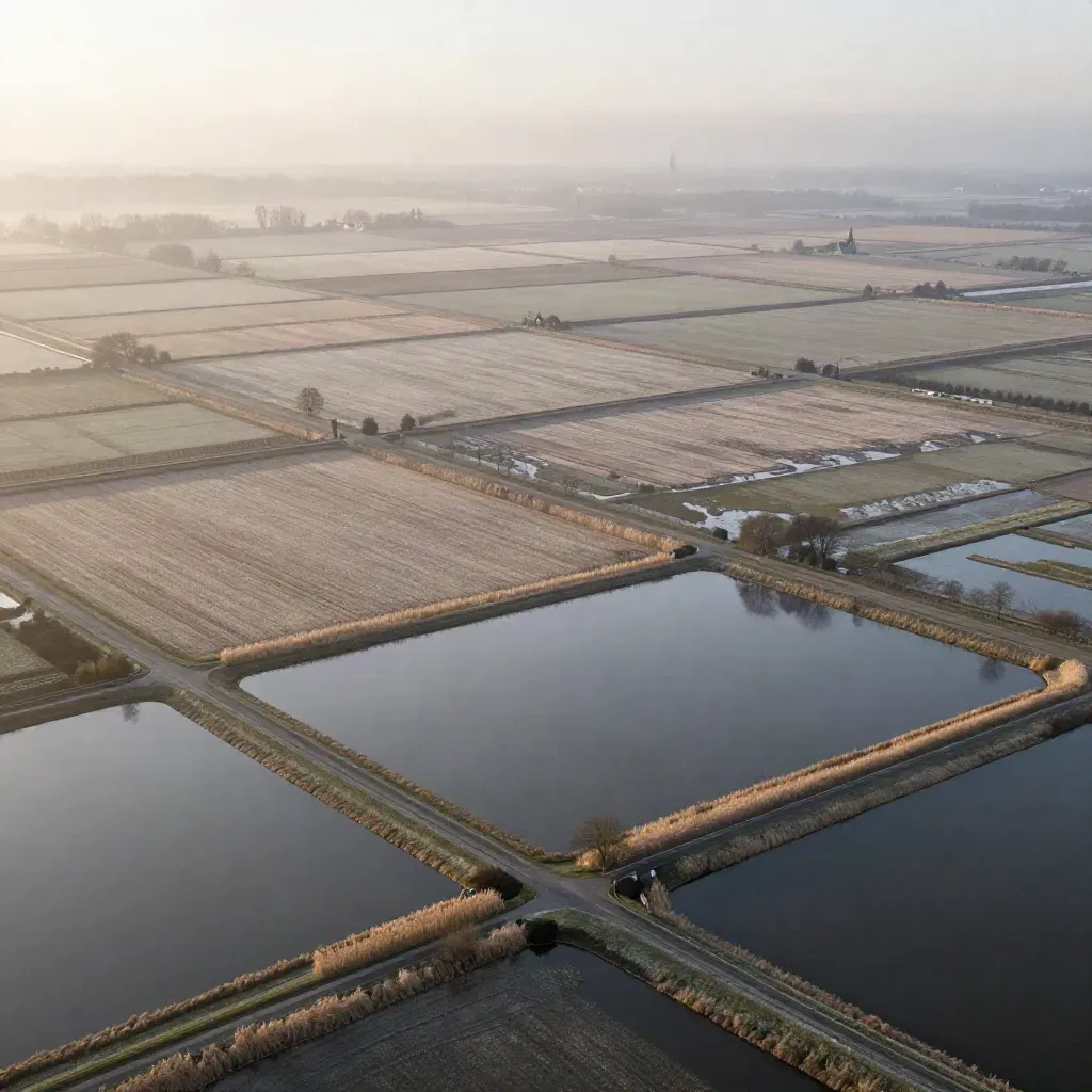 Luchtfoto van heel Nederland als polderraster met mist, sloten, dijken en kerktorens.