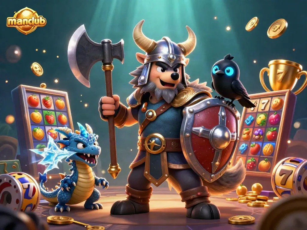 An engaging scene of a manclub Viking wolf warrior with a fierce dragon, set against a dynamic casino backdrop with spinning slots and golden trophies.