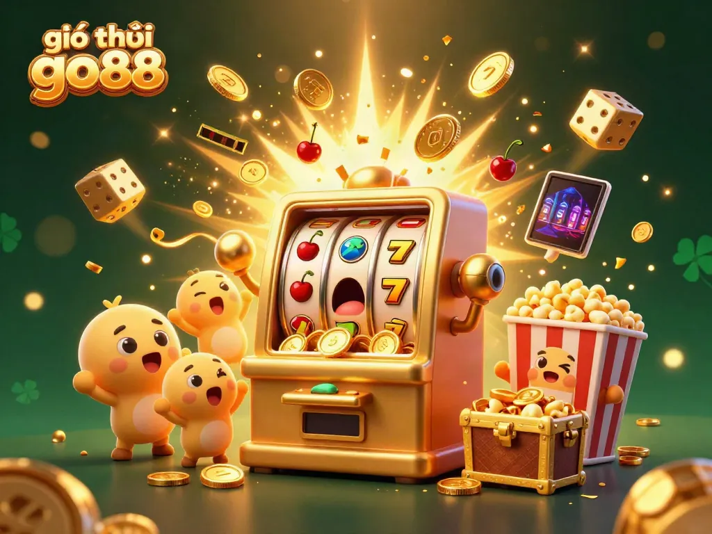 Engaging scene depicting giới thiệu go88 with a joyful golden slot machine hitting a jackpot surrounded by cheering characters.