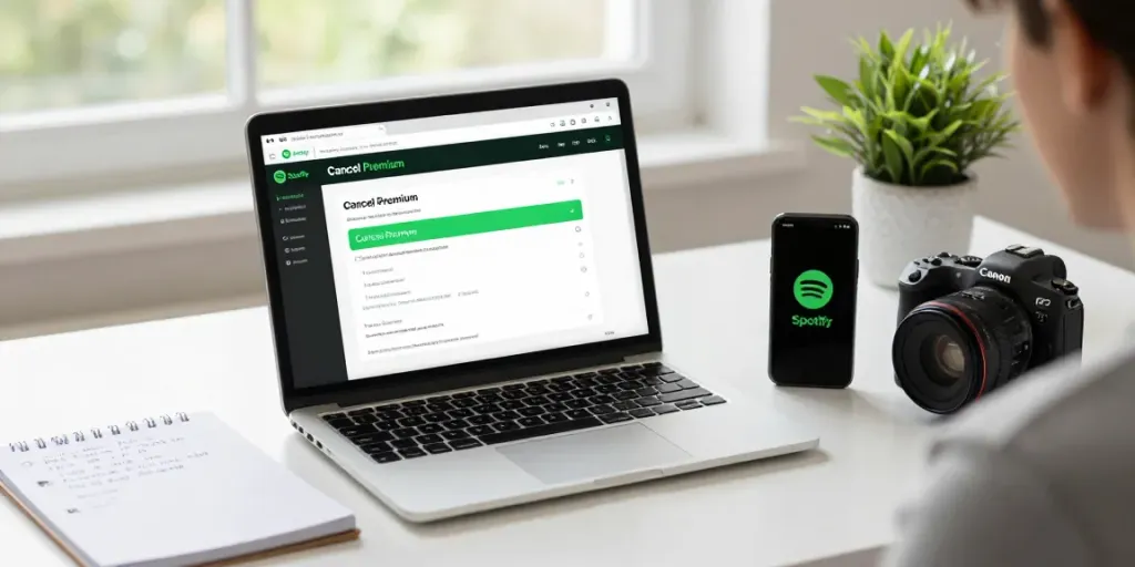 Cancel Spotify Premium process shown with a user-friendly setup at a home office, including laptop and notepad.