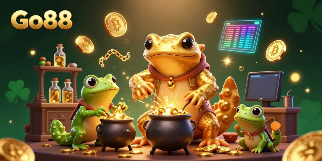 Engage with Go88 as a golden salamander alchemist transforms base metals into coins in a vibrant casino scene.