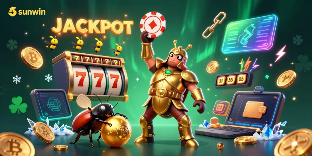Experience the thrill of sunwin with a victorious beetle lifting a poker chip amidst vibrant casino elements.