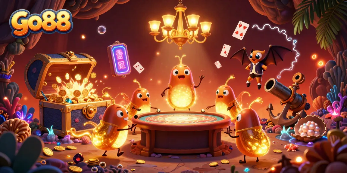 Engage with go88's vibrant cave casino, alive with glowing characters and immersive gaming elements.