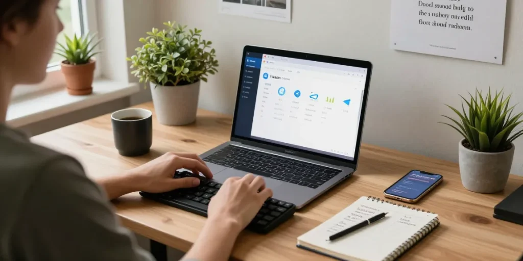 Person setting up Telegram Chinese Version on laptop in cozy home office.