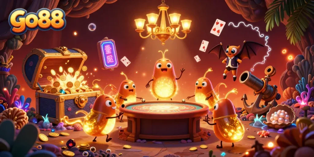 Engage with go88's vibrant cave casino, alive with glowing characters and immersive gaming elements.