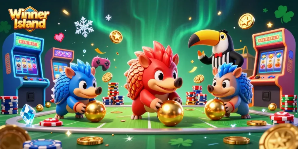 Engage in thrilling gaming at Winner Island, with pangolins amid vibrant casino games.