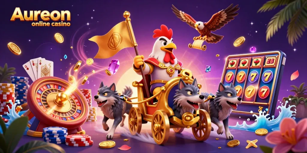Aureon online casino showcases an energetic scene filled with a rooster warlord, gold coins, and vibrant casino elements.
