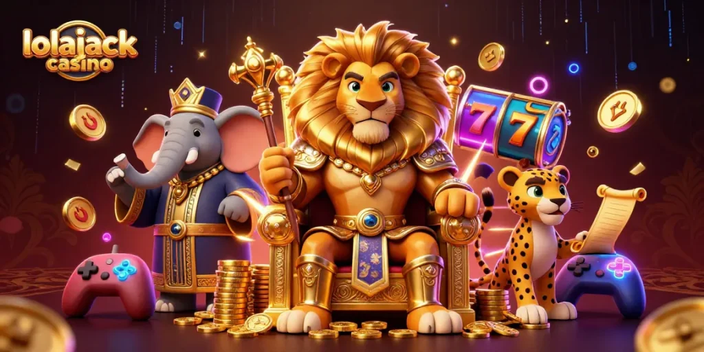 Experience the thrill of lolajack casino with vibrant slot reels and dynamic casino elements.