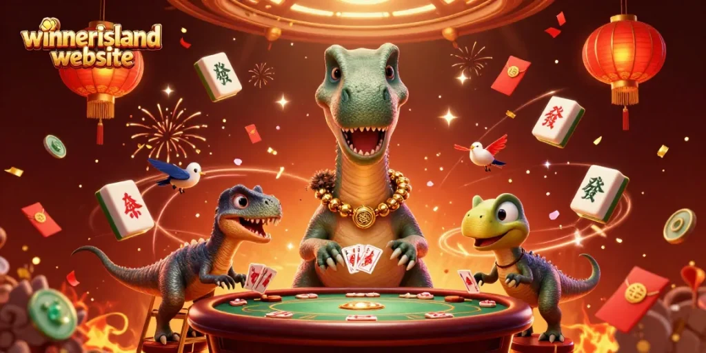 Experience fun at the winnerisland website with cartoon characters in a vibrant casino scene.